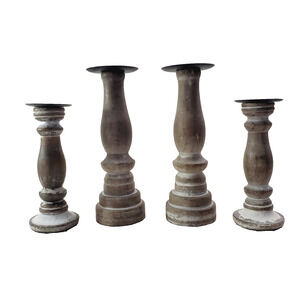 Pillar Whitewash Distressed Wood Candle Holders Set of 4 Farmhouse Decor Style